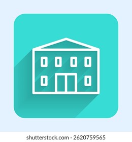 White line School building icon isolated with long shadow. Green square button. Vector Illustration