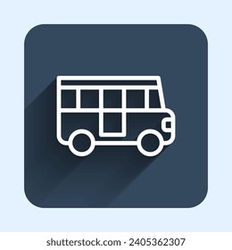 White line School Bus icon isolated with long shadow background. Public transportation symbol. Blue square button. Vector