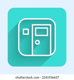 White line School classroom icon isolated with long shadow. Back to school concept. Green square button. Vector