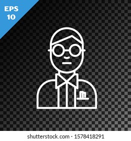 White line Scientist icon isolated on transparent dark background.  Vector Illustration