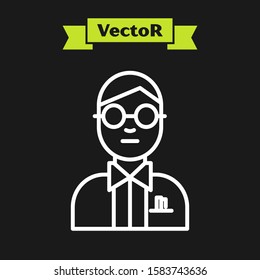 White line Scientist icon isolated on black background.  Vector Illustration