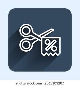 White line Scissors cuts discount coupon icon isolated with long shadow background. The concept of selling in an online supermarket at low prices or half the cost. Blue square button. Vector