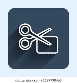 White line Scissors cuts discount coupon icon isolated with long shadow background. The concept of selling in an online supermarket at low prices or half the cost. Blue square button. Vector