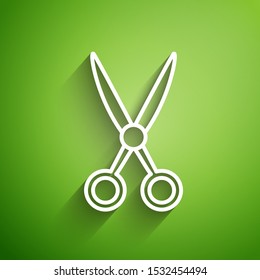 White line Scissors hairdresser icon isolated on green background. Hairdresser, fashion salon and barber sign. Barbershop symbol.  Vector Illustration