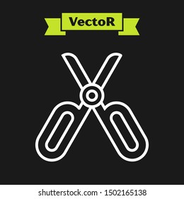 White line Scissors icon isolated on black background. Tailor symbol. Cutting tool sign.  Vector Illustration
