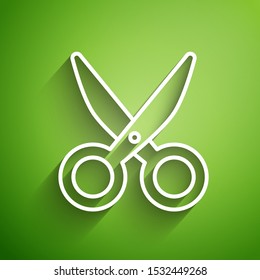 White line Scissors icon isolated on green background. Cutting tool sign.  Vector Illustration