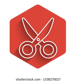 White line Scissors icon isolated with long shadow. Cutting tool sign. Red hexagon button. Vector Illustration