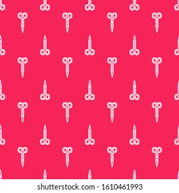 White line Scissors icon isolated seamless pattern on red background. Cutting tool sign.  Vector Illustration