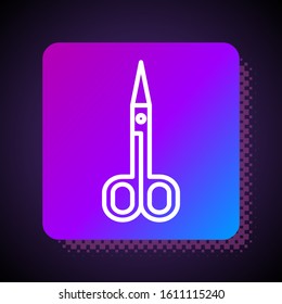 White line Scissors icon isolated on black background. Cutting tool sign. Square color button. Vector Illustration