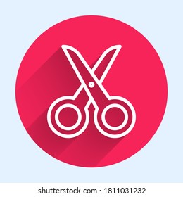 White line Scissors icon isolated with long shadow. Cutting tool sign. Red circle button. Vector Illustration