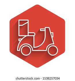 White line Scooter delivery icon isolated with long shadow. Delivery service concept. Red hexagon button. Vector Illustration