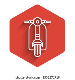 White line Scooter icon isolated with long shadow. Red hexagon button. Vector Illustration