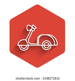 White line Scooter icon isolated with long shadow. Red hexagon button. Vector Illustration