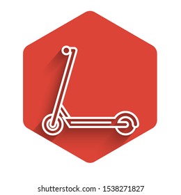 White line Scooter icon isolated with long shadow. Red hexagon button. Vector Illustration