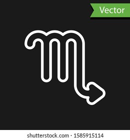 White line Scorpio zodiac sign icon isolated on black background. Astrological horoscope collection.  Vector Illustration