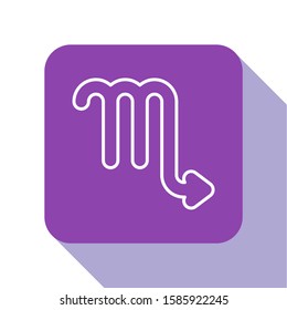 White line Scorpio zodiac sign icon isolated on white background. Astrological horoscope collection. Purple square button. Vector Illustration