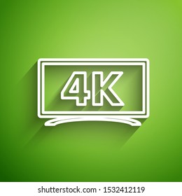 White line Screen tv with 4k Ultra HD video technology icon isolated on green background.  Vector Illustration