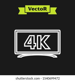 White line Screen tv with 4k Ultra HD video technology icon isolated on black background.  Vector Illustration