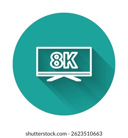 White line Screen tv with 8k Ultra HD video technology icon isolated with long shadow. Green circle button. Vector