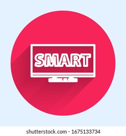 White line Screen tv with Smart video technology icon isolated with long shadow. Red circle button. Vector Illustration