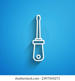 White line Screwdriver icon isolated on blue background. Service tool symbol. Long shadow. Vector
