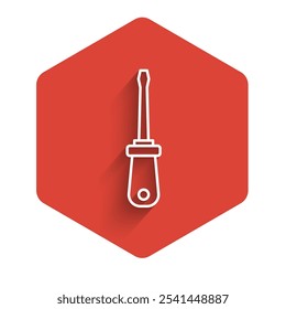 Linha branca Ícone de chave de fenda isolado com sombra longa. Símbolo da ferramenta de serviço. Botão hexágono vermelho. Vetor