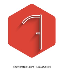White line Scythe icon isolated with long shadow. Red hexagon button. Vector Illustration