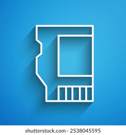 White line SD card icon isolated on blue background. Memory card. Adapter icon. Long shadow. Vector