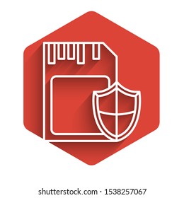 White line SD card and shield icon isolated with long shadow. Memory card. Adapter icon. Security, safety, protection, privacy concept. Red hexagon button. Vector Illustration