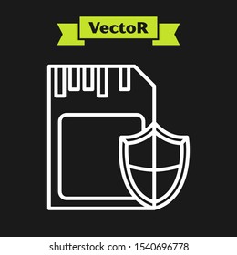 White line SD card and shield icon isolated on black background. Memory card. Adapter icon. Security, safety, protection, privacy concept.  Vector Illustration