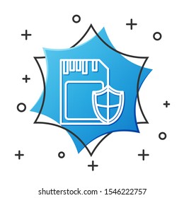 White line SD card and shield icon isolated on white background. Memory card. Adapter icon. Security, safety, protection, privacy concept. Blue hexagon button. Vector Illustration