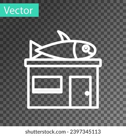 White line Seafood store icon isolated on transparent background. Facade of seafood market.  Vector