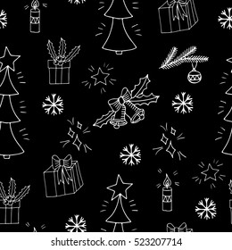 White line seamless pattern with big gift and bell, Christmas tree and snowflake. Can be used for printing on fabric, for wrapping paper and for the background of the site.