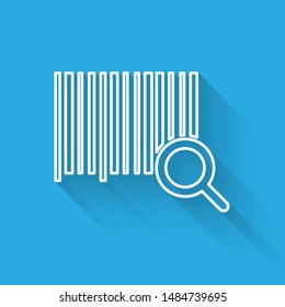 White line Search barcode icon isolated with long shadow. Magnifying glass searching barcode. Barcode label sticker. Research barcode.  Vector Illustration