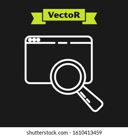 White line Search in a browser window icon isolated on black background.  Vector Illustration