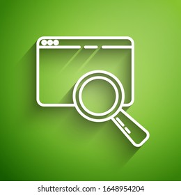 White line Search in a browser window icon isolated on green background.  Vector Illustration