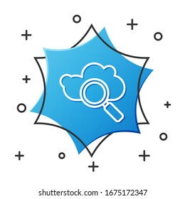 White line Search cloud computing icon isolated on white background. Magnifying glass and cloud. Blue hexagon button. Vector Illustration