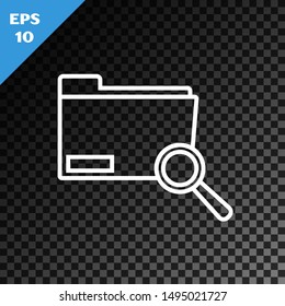 White line Search concept with folder icon isolated on transparent dark background. Magnifying glass and document. Data and information sign.  Vector Illustration