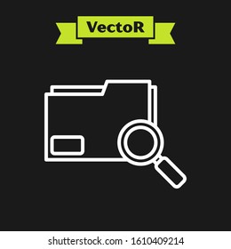 White line Search concept with folder icon isolated on black background. Magnifying glass and document. Data and information sign.  Vector Illustration