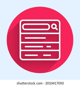 White line Search engine icon isolated with long shadow background. Red circle button. Vector