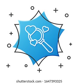 White line Search heart and love icon isolated on white background. Magnifying glass with heart inside. Blue hexagon button. Vector Illustration