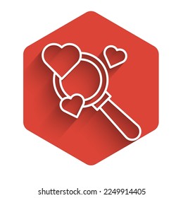 White line Search heart and love icon isolated with long shadow. Magnifying glass with heart inside. Red hexagon button. Vector Illustration