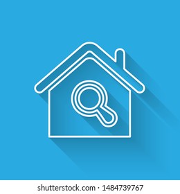 White line Search house icon isolated with long shadow. Real estate symbol of a house under magnifying glass.  Vector Illustration