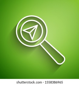 White line Search location icon isolated on green background. Magnifying glass with pointer sign.  Vector Illustration