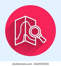White line Search location icon isolated with long shadow. Magnifying glass with pointer sign. Red circle button. Vector
