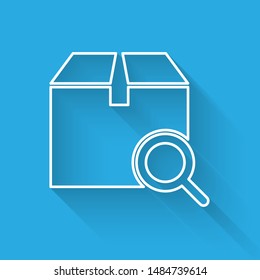 White line Search package icon isolated with long shadow. Parcel tracking symbol. Magnifying glass and cardboard box. Logistic and delivery.  Vector Illustration