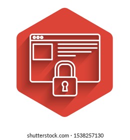 White line Secure your site with HTTPS, SSL icon isolated with long shadow. Internet communication protocol. Red hexagon button. Vector Illustration