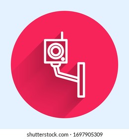 White line Security camera icon isolated with long shadow. Red circle button. Vector Illustration