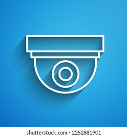 White line Security camera icon isolated on blue background. Long shadow. Vector