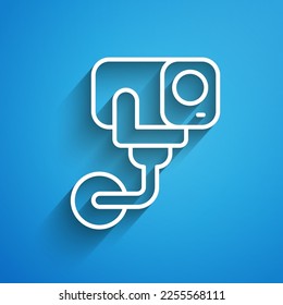 White line Security camera icon isolated on blue background. Long shadow. Vector